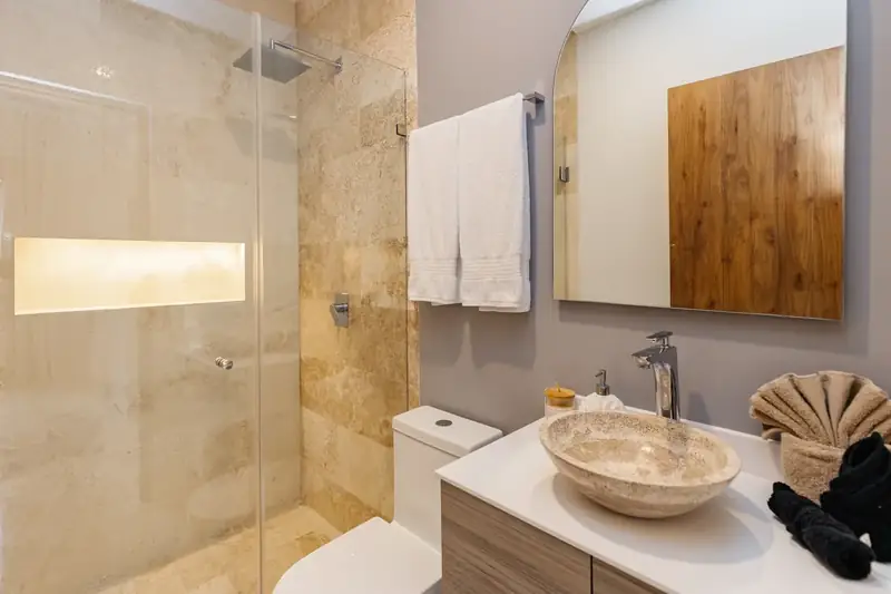 Bathroom with stone shower and lit niche